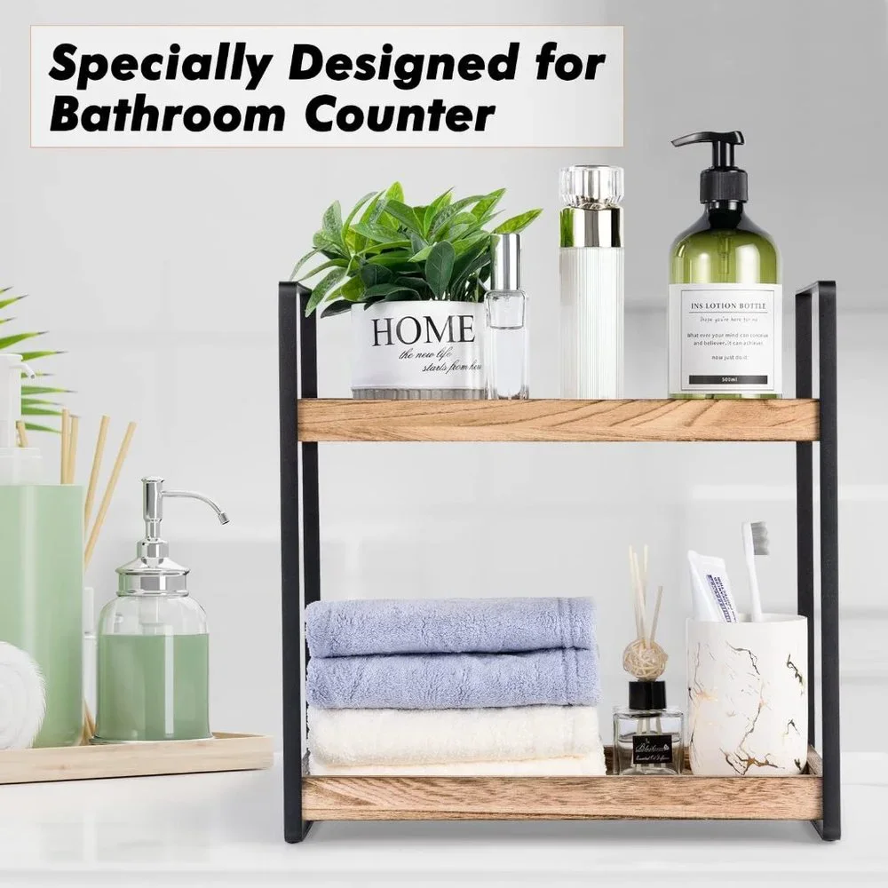 2-Tier Countertop Wood Bathroom Counter Organizers Shelf Cosmetic Storage, Decor